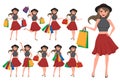 Woman shopping character vector set. Girl cartoon character Royalty Free Stock Photo