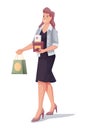 Woman shopping in eco cosmetics shop. Young girl with products in bag and boxes, holding in hand vector illustration Royalty Free Stock Photo