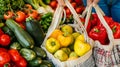 Woman shopping at farmers market with eco friendly cotton bag for fruits and vegetables Royalty Free Stock Photo