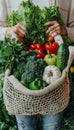 Woman shopping at farmers market with eco friendly cotton bag for fruits and vegetables Royalty Free Stock Photo