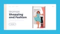 Woman Shopping and Fashion Landing Page Template. Young Female Character Trying on Clothes in Dressing Room at Store Royalty Free Stock Photo