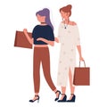 Woman shopping flat vector illustration, cartoon happy young beautiful fashionable girl friend characters walking next Royalty Free Stock Photo