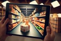 Woman shopping food online using a digital tablet at, close-up view on a tablet screen. Concept of buying online using Royalty Free Stock Photo