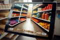 Woman shopping food online using a digital tablet at, close-up view on a tablet screen. Concept of buying online using Royalty Free Stock Photo