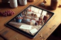 Woman shopping food online using a digital tablet at, close-up view on a tablet screen. Concept of buying online using Royalty Free Stock Photo