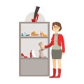 Woman Shopping For Footwear, Shopping Mall And Department Store Section Illustration