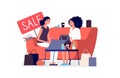 Woman shopping. Girls discuss purchases. Sale, discount flat vector concept. Two women on sofa with coffee, wears