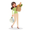 Woman shopping. Grocery store. Customer with shopping bag