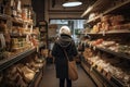 Woman shopping in a grocery store. Rear view of an elderly woman buying food in a grocery store. A woman full rear view shopping Royalty Free Stock Photo