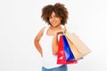 Woman shopping. Happy young african american girl with shopping bags isolated on white background. Copy space. Mock up. Summer. Royalty Free Stock Photo