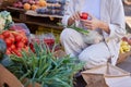 Woman, shopping and healthy food, fruit and vegetables at vegan farmers market, eco friendly grocery store or lifestyle Royalty Free Stock Photo