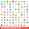 100 woman shopping icons set, cartoon style Royalty Free Stock Photo