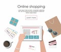 Woman shopping in the online store on the tablet. Vector Illusrtation Royalty Free Stock Photo