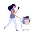 Woman shopping. Sale season, isolated flat style girl with cart. Female shopper bying food or clothing in store vector