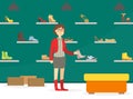 Woman Shopping for Shoes in Footwear Store, Girl Choosing and Buying Footwear in Mall Department Vector Illustration Royalty Free Stock Photo