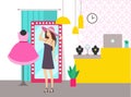 Woman Shopping in Store Shop Choosing Hat Vector Royalty Free Stock Photo