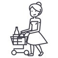 Woman shopping in supermarket with cart vector line icon, sign, illustration on background, editable strokes Royalty Free Stock Photo