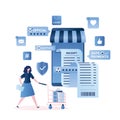 Woman with shopping trolley.Modern smartphone and e-commerce application