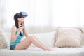 Woman shopping by VR headset Royalty Free Stock Photo