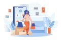 Woman shops online using mobile phone. Girl walked out from smartphone with shopping bags. Vector web site design