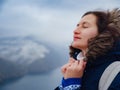 woman on shore of North sea on cold winter day. Royalty Free Stock Photo