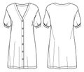 woman short balloon sleeved dress with buttons detail technical drawing