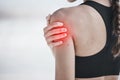 Woman, shoulder pain and exercise injury, red overlay and workout outdoor, fibromyalgia and back muscle tension Royalty Free Stock Photo