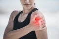 Woman, shoulder pain and fitness injury with red overlay, workout outdoor with fibromyalgia and muscle tension