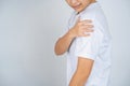 Woman with shoulder pain or stiffness Royalty Free Stock Photo