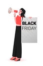 Woman shouting into loudspeaker holding black friday placard big sale promotion discount concept Royalty Free Stock Photo