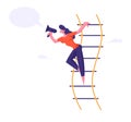 Woman Shouting in Loudspeaker or Megaphone Standing on Suspended Ladder, Businesswoman Social Marketing Promotion Royalty Free Stock Photo