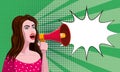 Woman shouting in megaphon. Female cartoon character announcing for advertising, markertng information, discount or sale Royalty Free Stock Photo