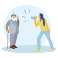 Woman shouting into a megaphone. Deaf man, senior citizen. In minimalist style. Cartoon flat raster