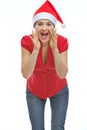 Woman shouting through megaphone shaped hands Royalty Free Stock Photo