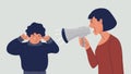 Woman shouts at the child into megaphone. Boy covers his ears with his hands, cries. Domestic violence concept. Mom yells at her Royalty Free Stock Photo