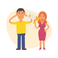 Woman shouts into megaphone at man. Vector characters Royalty Free Stock Photo