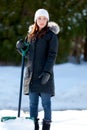 Woman shoveling too much snow Royalty Free Stock Photo