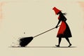 A woman shoving away various vermin with a broom, created with Generative AI technology