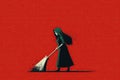 A woman shoving away various vermin with a broom, created with Generative AI technology