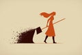 A woman shoving away various vermin with a broom, created with Generative AI technology