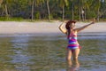 Woman show body beautiful morning on beach