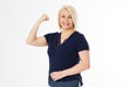 Woman show gesture power, middle age woman show muscle isolated copy space, feminity power concept, modern female