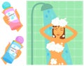 Woman showering near hygienic bath products. Set of bodycare toiletries next to bathing girl Royalty Free Stock Photo