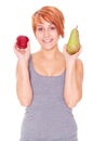 Woman showing apple and pear Royalty Free Stock Photo