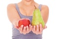 Woman showing apple and pear Royalty Free Stock Photo