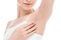 Woman showing armpits isolated on white. skin care woman concept Royalty Free Stock Photo