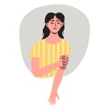 Woman showing arms, she suffering from eczema and feelling pain. Flat vector illustration. Healthcare, pain, sickness