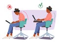 Woman Showing Bad And Good Poses For Working On Laptop. Wrong, Hunched Back And Cramped Shoulders, Vector Illustration