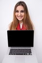 Woman showing blank laptop screen Royalty Free Stock Photo