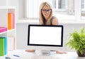 Woman showing blank presentation on computer screen